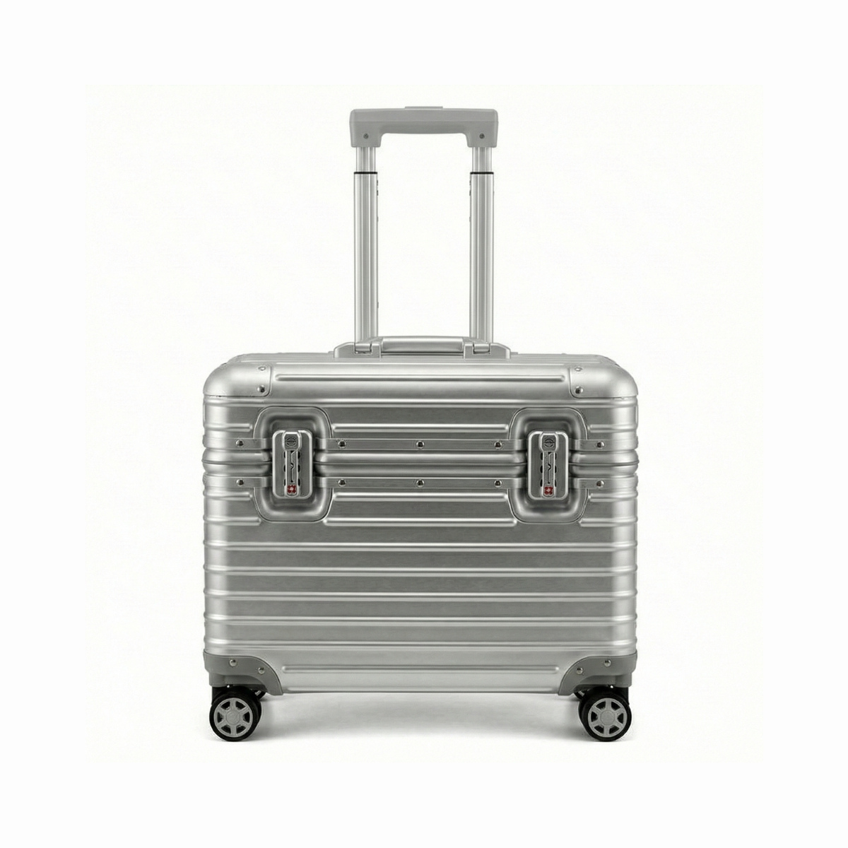 de-Aluminium Handgepäck Koffer von Kenytra mit minimalistischem Design, gebürsteter Oberfläche und integrierten TSA-Schlössern, Vorderansicht