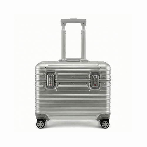 de-Aluminium Handgepäck Koffer von Kenytra mit minimalistischem Design, gebürsteter Oberfläche und integrierten TSA-Schlössern, Vorderansicht