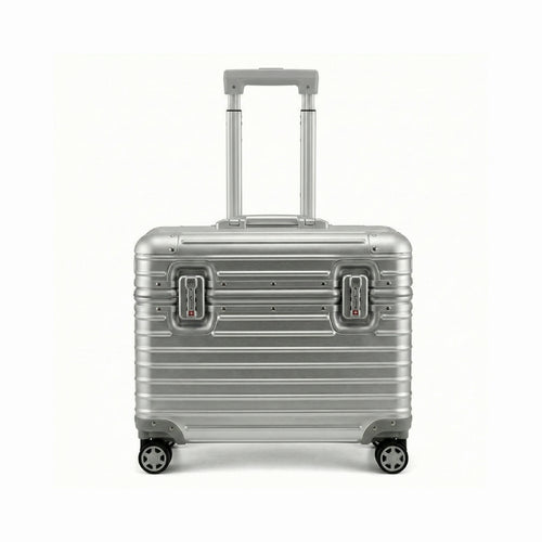 de-Aluminium Handgepäck Koffer von Kenytra mit minimalistischem Design, gebürsteter Oberfläche und integrierten TSA-Schlössern, Vorderansicht